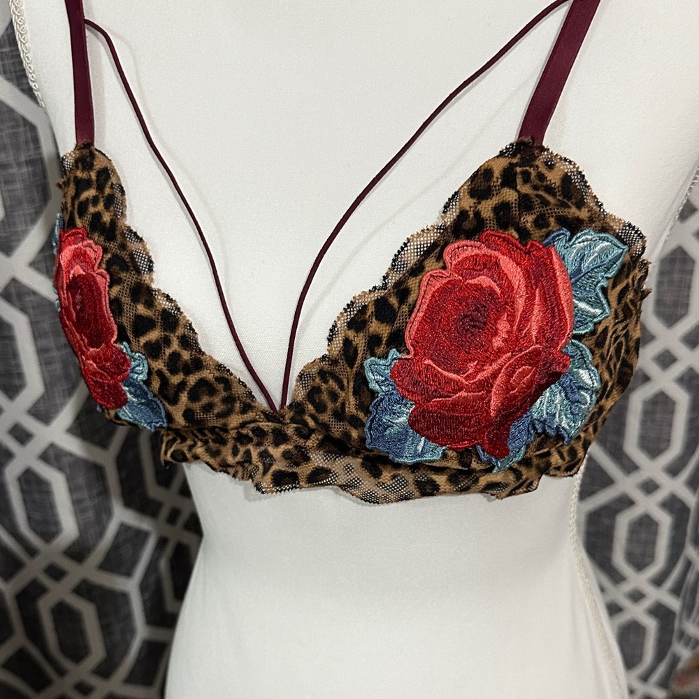 Victoria's Secret Leopard Bralette with Red and Blue Embroidery PINK